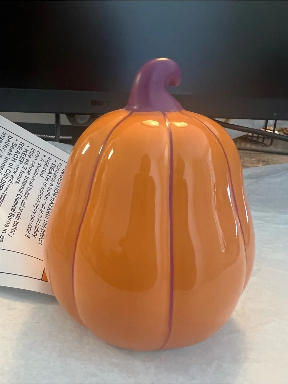 Ceramic Orange Pumpkin Lantern with Purple Stem - Home Accents NWT